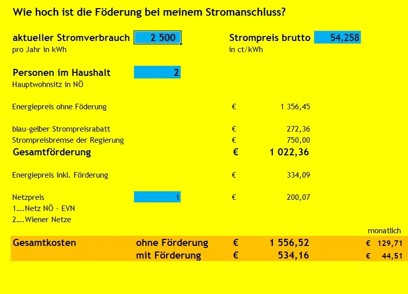 Ausschnitt aus dem Excel-Rechner „Wie hoch ist die Förderung bei meinem Stromanschluss?“ mit Feldern für Stromverbrauch, Strompreis und Personen im Haushalt